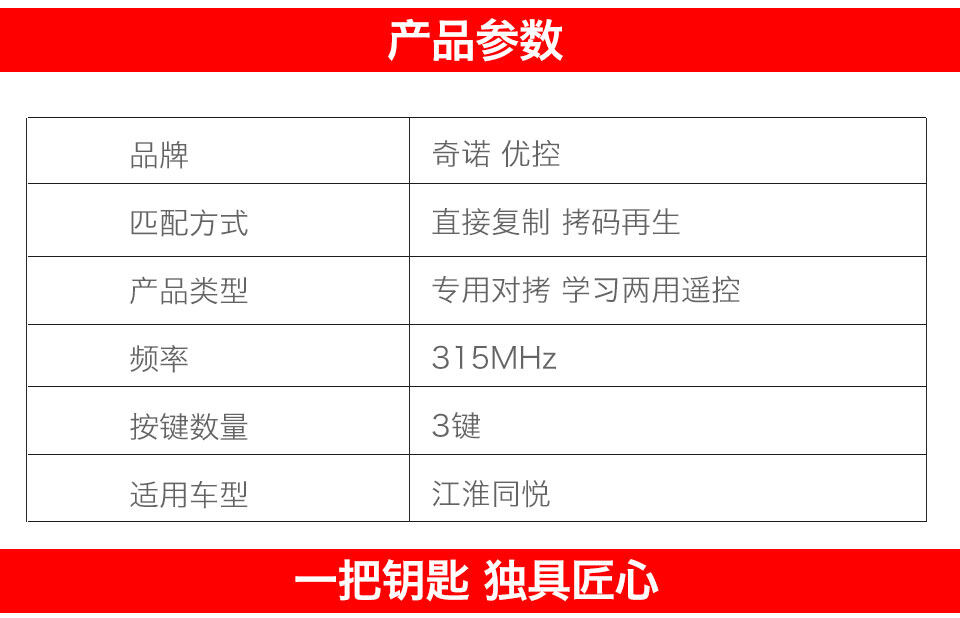 奇诺优控-B5款江淮同悦专用对拷学习两用遥控-315MHZ